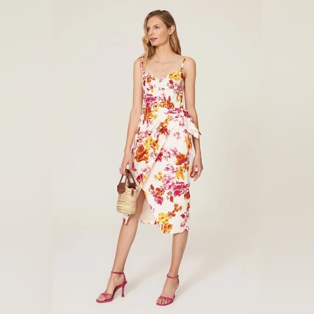 Great Jones White Floral Midi Dress faux wrap size 12 cotton adjustable strap